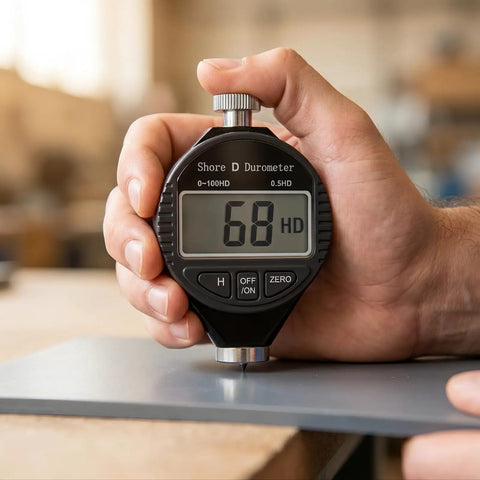 Handheld Dead On Digital Shore Hardness Tester C Type Durometer displaying 68 HD reading on a gray material surface.