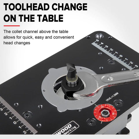 Top Shelf Heavy Duty Aluminum Router Lift System With Slick Micro Fine Adjustment Plates for easy toolhead change on the table.