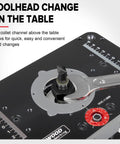 Close-up of Precision Router Table Lift System With Heavy Aircraft Grade Aluminum, toolhead change with wrench on the table.