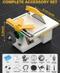 Lapidary Saw For Jewelry Making And Rock Cutting With Pro Grade Upgraded Diamond And Woodworking Blades 0 To 10000 RPM Polishing DIY Art Projects 350W Beige Easy To Use Great For Beginners And Hobbyists At Home with accessory set, showing saw dimensions and parts.