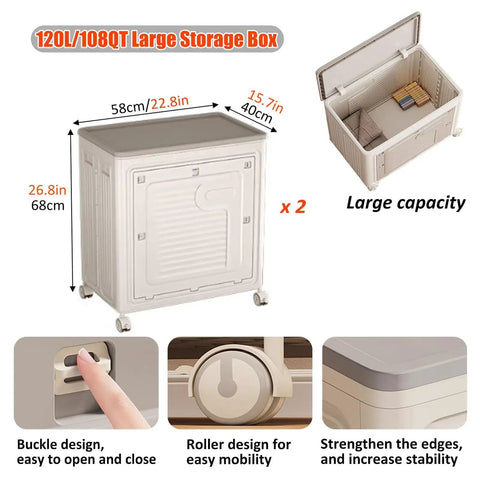 No Drama Foldable Storage Bins With Lid And Wheels 2 Pack Extra Tall Capacity Heavy Duty containers with wheels, 120L, neutral color