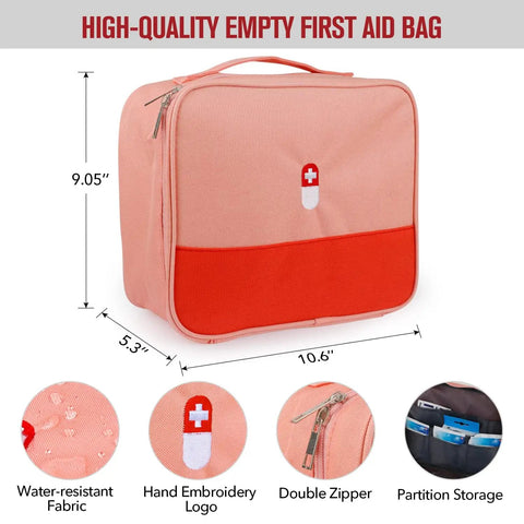 Travel Ready First Aid Bag For Outdoor Adventures Empty Medical Supplies Organizer Kit For Hiking Camping Backpacking And Cycling Water Resistant Pink 600D Oxford Cloth Ultra Lightweight And Portable, front view with dimensions and features.