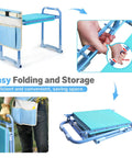 Heavy Duty Garden Kneeler And Seat 2In1 Foldable Stool with widened thick kneeling pad, tool pouches, and folding demonstration in blue.