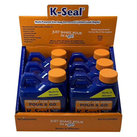 Display of K Seal All Purpose One Step Permanent Coolant Leak Repair 8 Oz Bottles in a retail box.