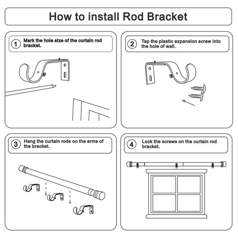 Installation steps for Adjustable Aluminum Curtain Rod Set With Nine Interlocking Pieces, 1 Inch Diameter, Black Finials