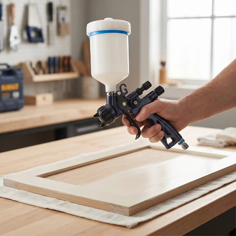 Shop Grade HVLP Paint Sprayer Gun With 600Ml Reusable Gravity Cup And Quick Swap Adapter for detailed woodwork projects.