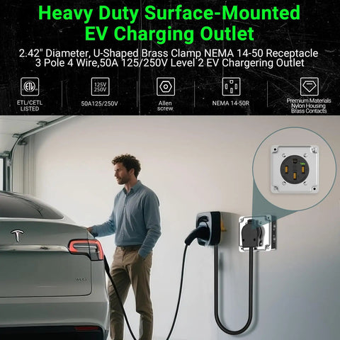 NEMA 14-50R EV Outlet Surface Mount Kit 50 Amp Pro Grade Beefy Heavy Duty Charging Receptacle 3-Pole 4-Wire Grounding ETL Listed U-Shaped Brass Clamp Industrial Grade 125 And 250 Volt, wall-mounted EV charging outlet with Tesla car