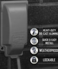 Tough As Nails One Gang Weatherproof In Use Outlet Cover With Fo Sho Quick Fit Keyhole Mount For Exterior Walls Extra Duty Rated Gray Housing tight seal against storms on a brick wall.