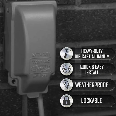 Tough As Nails One Gang Weatherproof In Use Outlet Cover With Fo Sho Quick Fit Keyhole Mount For Exterior Walls Extra Duty Rated Gray Housing tight seal against storms on a brick wall.