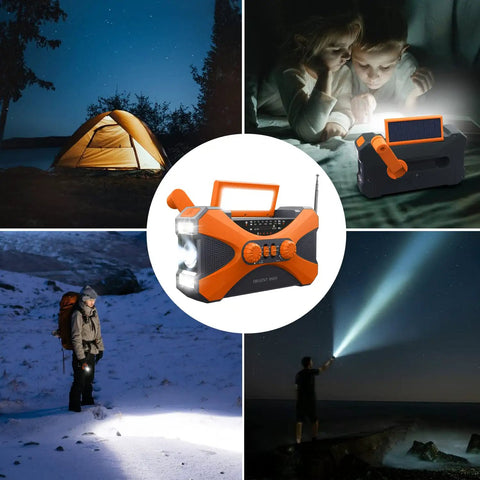 Legit Badass Emergency Radio With 10000mAh Power Bank Solar Hand Crank Am Fm Noaa Receiver Led Flashlight Sos Siren in outdoor settings.