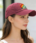 Woman wearing Vintage Camping RV Camper Truck Hat For Women Funny Saying Adjustable Cap, wine red color, side view
