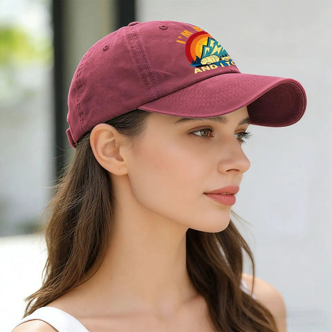 Woman wearing Vintage Camping RV Camper Truck Hat For Women Funny Saying Adjustable Cap, wine red color, side view