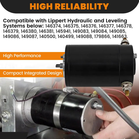 167576 Hydraulic Slide Out Pump Motor For RV Leveling System 4200 RPM Go To Replacement Part Compatible With 149087 414018 And 146374 Through 146378 Durable Build For Easy Install black motor shown with RV leveling pump connection