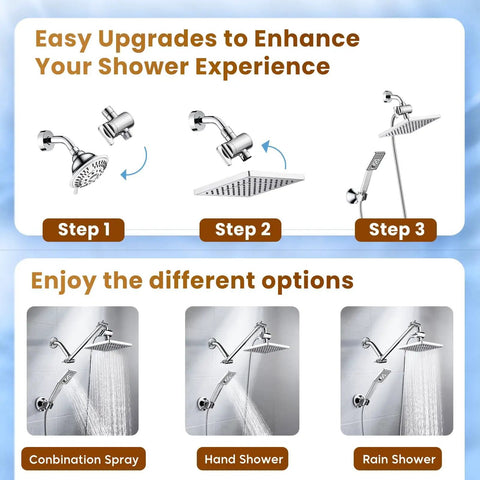 Dual Shower Heads System With 8 Inch Square Rain Shower Head And Handheld Spray High Pressure Rainfall steps and options