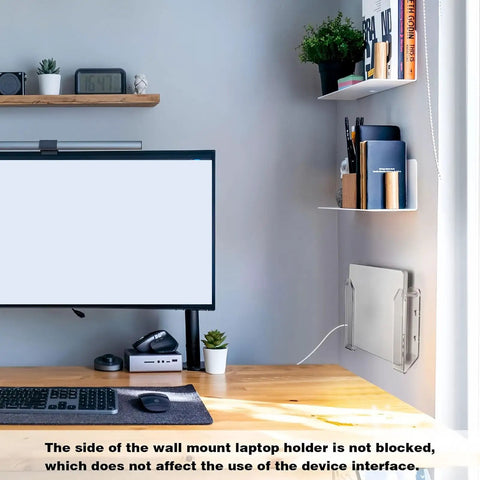 Acrylic Laptop Wall Mount, Zero Clutter Under Desk Stand, fits laptops, wall-mounted, ergonomic design, neat workspace.