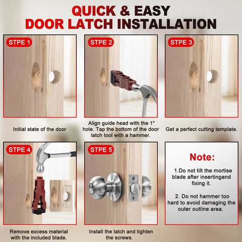 Instruction diagram for door latch installation using Door Hinge Template Kit For Router Aluminum Alloy Mortise Jig.