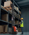 VEVOR Full Electric Pallet Stacker With 3300 Lb Load Capacity And 130 In Max Lifting Height in a warehouse lifting a pallet.