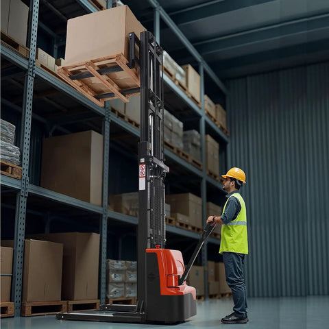 VEVOR Full Electric Pallet Stacker With 3300 Lb Load Capacity And 130 In Max Lifting Height in a warehouse lifting a pallet.