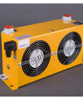 Beefy Aluminum Hydraulic Air Cooler with Motor for Oil Cooling, yellow unit with dual radiator fans, AC/DC ready