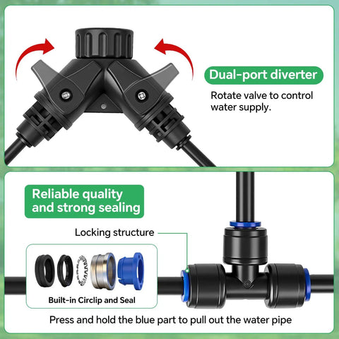 Dual-port diverter for Backyard Friendly Drip Irrigation System With A 120 Ft Hose And 26 Adjustable Copper Sprinklers