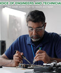 Engineer using Pro Grade 100W Soldering Gun Kit With LCD Temperature Display and Adjustable Heat for circuit board repair.