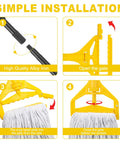 Installation steps of Heavy Duty 60 Inch Mop Handle Designed For Commercial And Household Floor Cleaning via Adjustable Thumb Wheel Clamp.