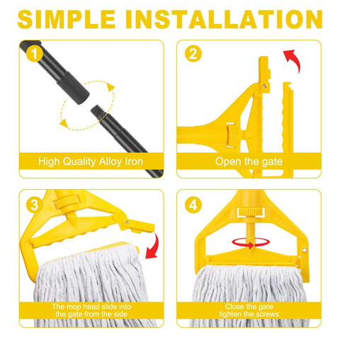 Installation steps of Heavy Duty 60 Inch Mop Handle Designed For Commercial And Household Floor Cleaning via Adjustable Thumb Wheel Clamp.