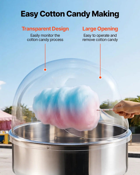 Clear Acrylic Dome Shield For Cotton Candy Machine, 21 Inch Bubble Cover With Bottom Groove, showing cotton candy inside