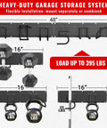 Diagram showing Built Tough 48 Inch Garage Tool Organizer Wall Mount With 6 Adjustable Hooks Heavy Duty Storage System, 395 lbs capacity