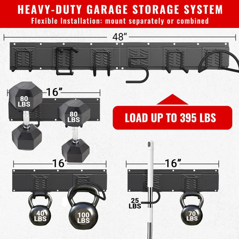 Diagram showing Built Tough 48 Inch Garage Tool Organizer Wall Mount With 6 Adjustable Hooks Heavy Duty Storage System, 395 lbs capacity
