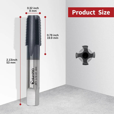 Front view of Pro Grade One Eighth Inch Twenty Seven NPT Pipe Tap In High Speed Steel With AD Plus Coating showing product dimensions.