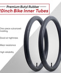 20x2.125 To 2.40 Bike Inner Tubes Two Pack With AV32mm Schrader Valve For 20 Inch City Road Mountain Cruiser Bikes, Reliable Replacement Tubes For All Terrain Cycling And Everyday Ride Ready, shown in a pair with reliability features listed.
