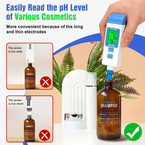 Long 4.6 Inch pH Probe Digital pH Meter for Water and Fermentation used in shampoo bottle with ATC temperature readout
