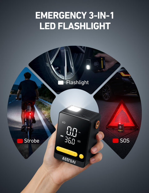 L10 Mini Tire Inflator Portable Air Compressor With 150 PSI Quick Car Tire Inflation showing LED flashlight use.