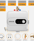 Front view of 2.6 Gallon On Demand Electric Water Heater With LED Display Under Sink Mini Tank 110V Plug In 1500W Fast Heating Compact Unit showing dimensions and connections