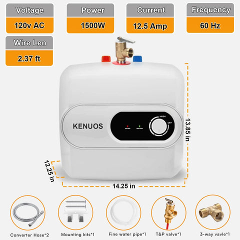 Front view of 2.6 Gallon On Demand Electric Water Heater With LED Display Under Sink Mini Tank 110V Plug In 1500W Fast Heating Compact Unit showing dimensions and connections