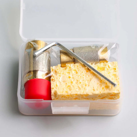 Front view: two brass-core stained-glass grinder bits with diamond heads in a clear plastic case; includes Allen wrench.