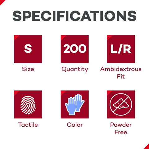 Specifications for Premium Nitrile Exam Gloves Small Pack 200 Count Ambidextrous Beaded Cuffs Latex Free Powder Free Disposable Medical Use Comfortable Fit For All Hands Everyday, showing size small, 200 quantity, ambidextrous fit, tactile, color, and powder free icons.