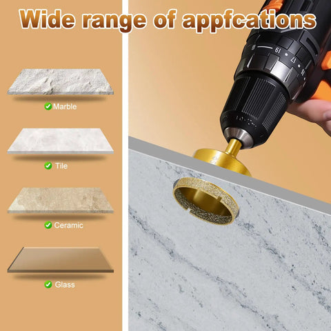 Heavy Duty Half Inch Diamond Hole Saw And Core Drill Bit Twin Pack Featuring Brazed Grit Blades in action on marble, tile, ceramic, and glass.