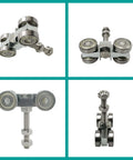 Four Wheel Heavy Duty Trolley Assembly With Silent Wheels For Standard One And Five Eighth Inch Or Taller Strut Channel M10 Bolt Hidden In Groove Pack Of 4 Silver Ideal For Construction And Industrial Use Durable And Quiet With Easy Installation.