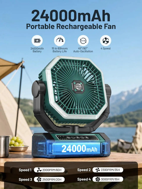 Beast Mode Portable Rechargeable Camping Fan With 9 Inch Blade 24000mAh Battery Delivers Up To 60 Hours Of Cool Auto Oscillation