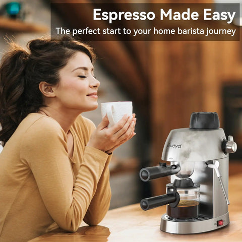 Woman enjoying coffee next to a 3.5 Bar 4 Cup Espresso Cappuccino Machine With Milk Frother Stainless Steel Compact Home Espresso Maker