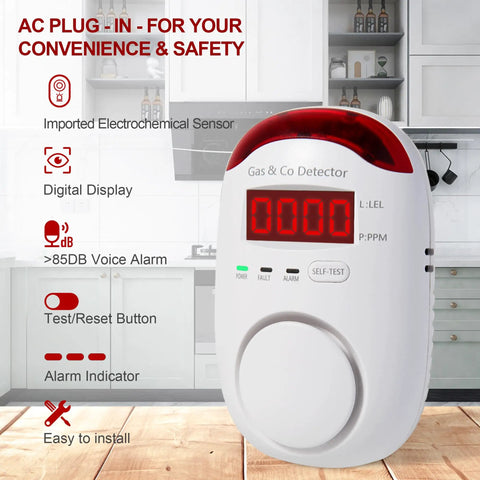 Two Pack Plug In Gas And Carbon Monoxide Detectors With LCD Display in kitchen, showing digital readout and alarm features