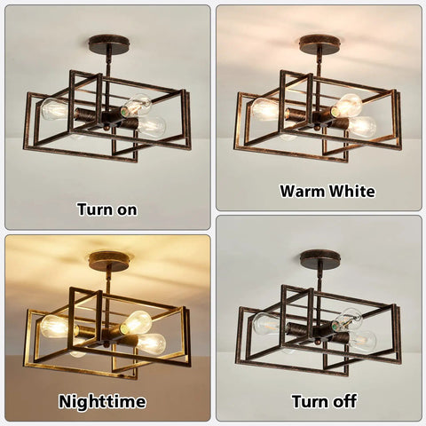 4 Light Close To Ceiling Bronze Industrial Flush Mount Chandelier Fixture For Kitchen Island Dining Room Bedroom Foyer Hallway Rustic Farmhouse Lighting With Vintage Vibe And E26 Bulb Compatibility, shown in various lighting conditions