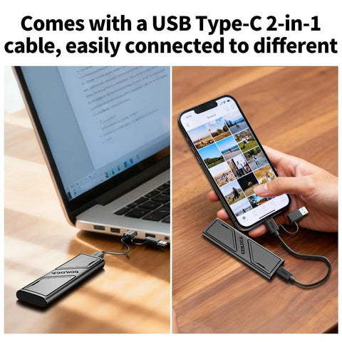 EP1000 1TB Portable External SSD Drive With USB C Lightning Fast Up To 1000MBps Read And 950MBps Write connected to laptop and phone