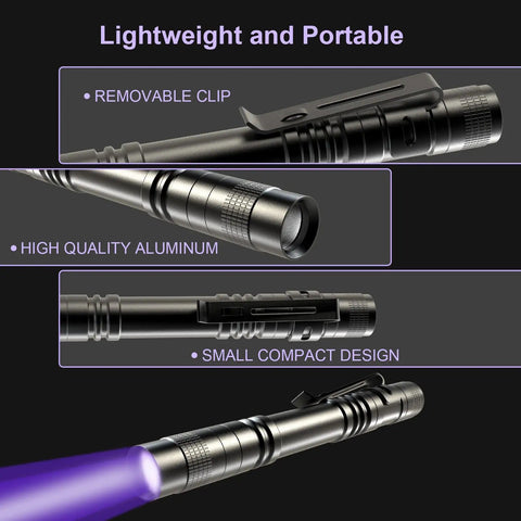 Two Pack 395nm UV Black Light Flashlights Mini Pen Light With Clip Waterproof For Pet Urine Stains Bed Bugs Hotel Inspection Dry Stains Leak Detection Scorpion Areas And Hidden Marks, aluminum body