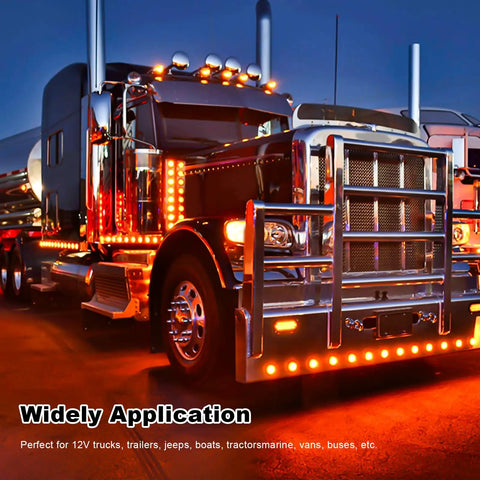 Amber 2 Inch Round Sealed LED Clearance Marker Light Kit With 9 Bright LEDs on illuminated truck with reflective side marker lamps