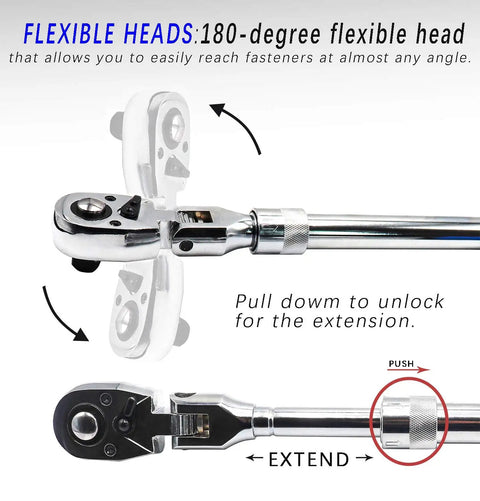 Extendable Ratchet Set Three Piece With Long Reach Handles And 72 Tooth Flex Head Quick Release Locking Ratchets flexibility demonstration