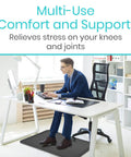 Anti Fatigue Standing Mat For Desk And Kitchen, man seated with ergonomic cushioned comfort pad under desk, office setting