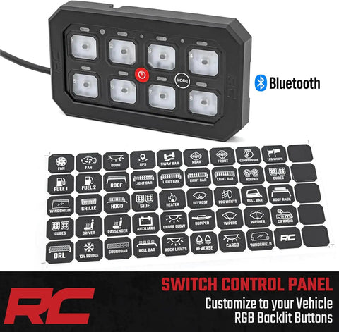 Eight Gang Bluetooth RGB Backlit Switch Panel and Relay System with Swivel Mount for Universal Light